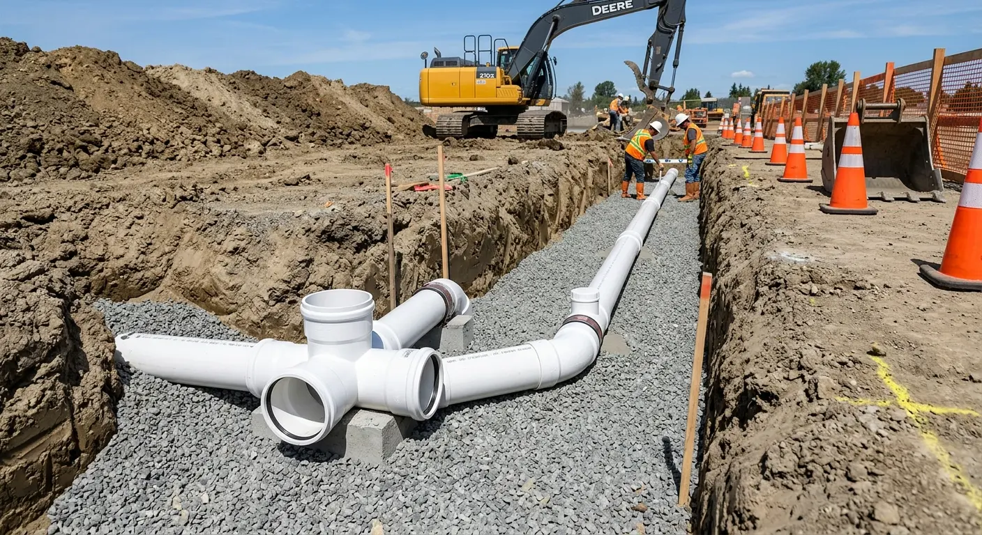 New PVC sewer pipe installation in open trench for Commercial Drain Cleaning in East Highland Park
