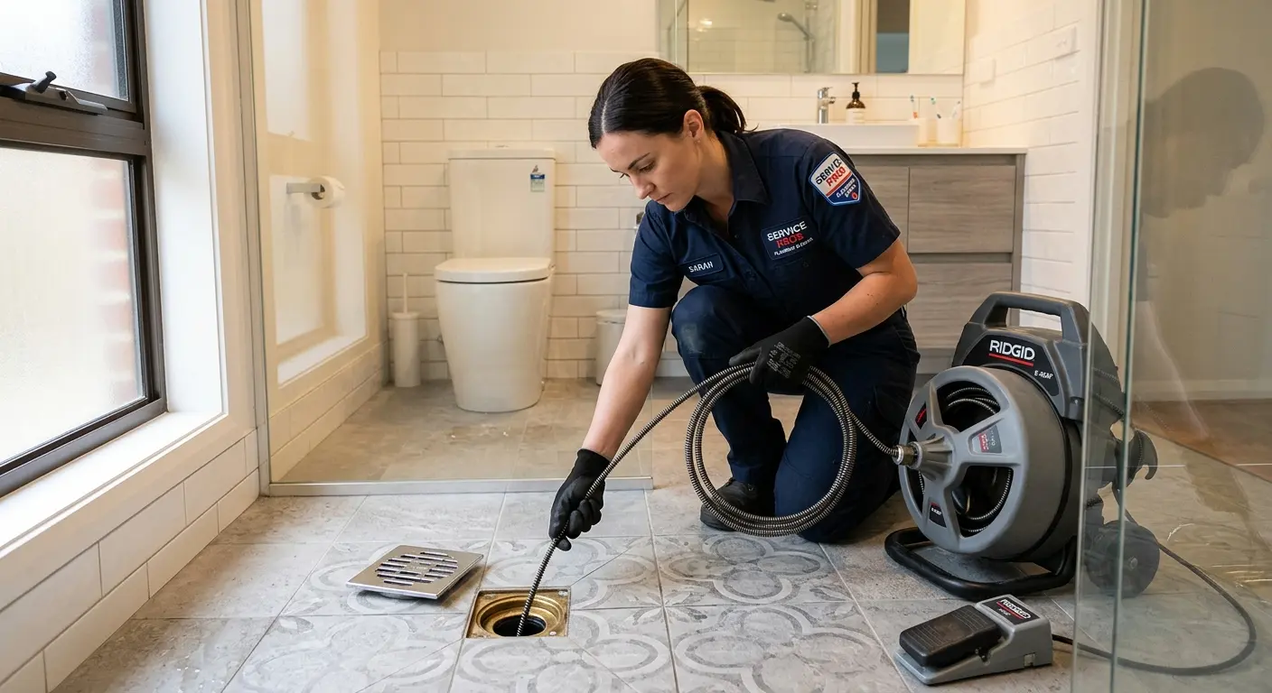 Technician clearing a bathroom floor drain for Sewer Line Replacement in East Highland Park